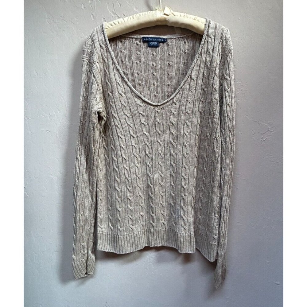 Ralph Lauren Women Italian Yarn Linen Cable-Knit V-Neck Sweater Large Tan Casual